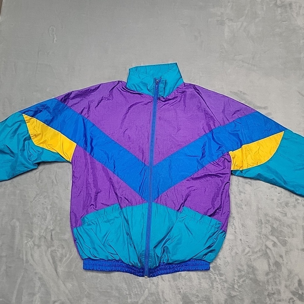 Athletic Works Windbreaker Mens L Purple Colorblock Full Zip Track Jacket Retro